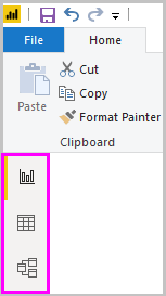 Captura de tela do Power BI Desktop mostrando os ícones de Relatório, Dados e Modelo.
