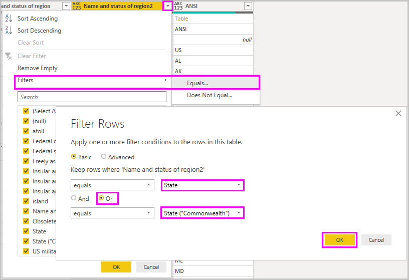 Captura de tela do Power BI Desktop mostrando a caixa de consulta Filtrar Linhas do Editor do Power Query.
