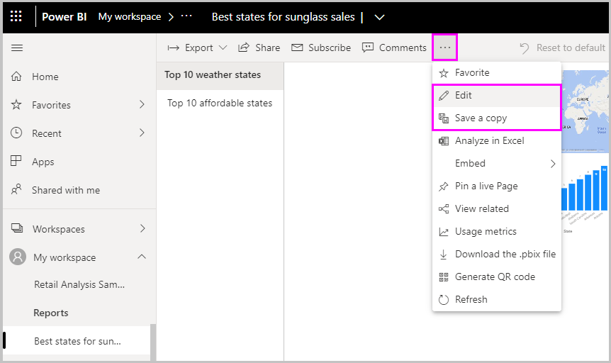 Captura de tela do Power BI Desktop mostrando a opção Editar.