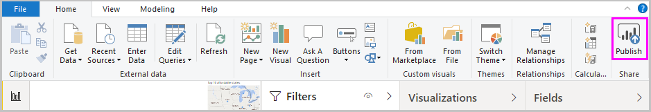 Captura de tela do Power BI Desktop mostrando a opção Publicar.