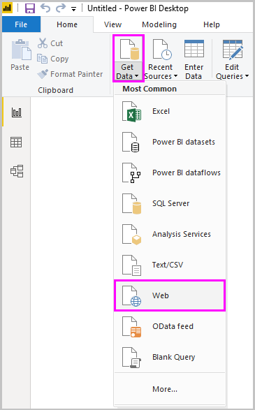 Captura de tela do Power BI Desktop mostrando a opção Web da ferramenta Obter Dados.