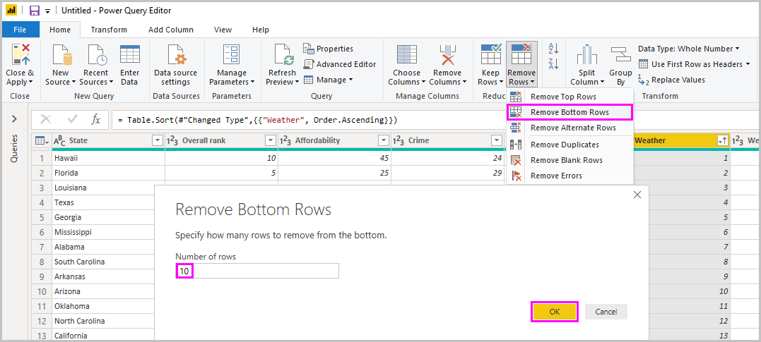 Captura de tela do Power BI Desktop mostrando a caixa de diálogo Remover Linhas Inferiores.