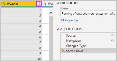 Captura de tela do Power BI Desktop mostrando as Linhas Classificadas que aparecem nas Etapas Aplicadas.