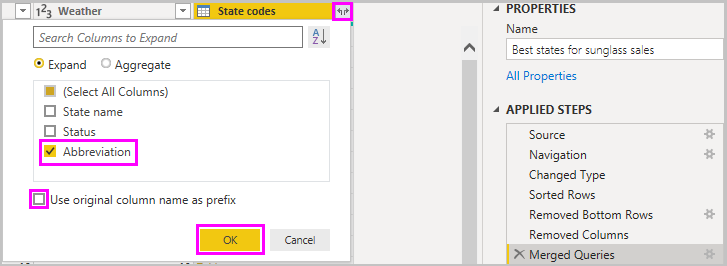 Captura de tela do Power BI Desktop mostrando a coluna Abreviação de Códigos de Estado.