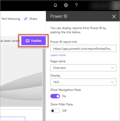 Captura de tela do link de relatório do Power BI mostrando a opção Publicar selecionada.