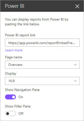 Captura de tela da caixa de diálogo das novas propriedades da Web Part do SharePoint com o link de relatório do Power BI realçado.