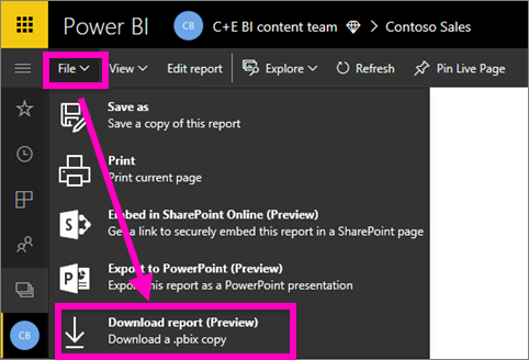 Uma captura de tela do menu arquivo no serviço do Power BI, com a opção 