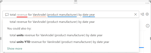 Screenshot of the Q&A question field with suggested terms from the semantic model underlined in blue and corresponding suggested questions from Power BI.