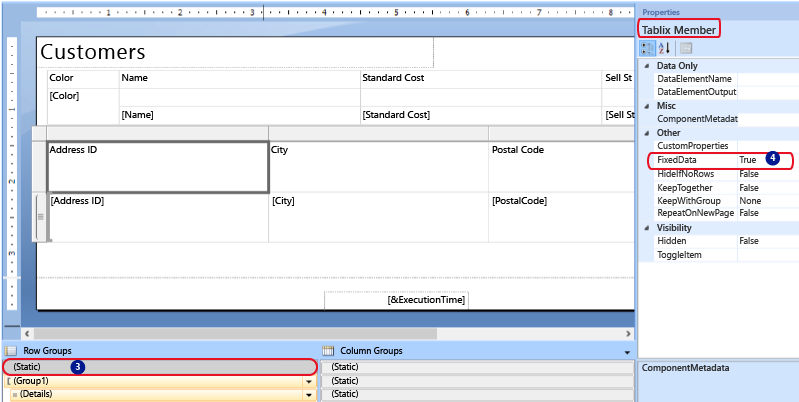 Screenshot showing Tablix member properties.