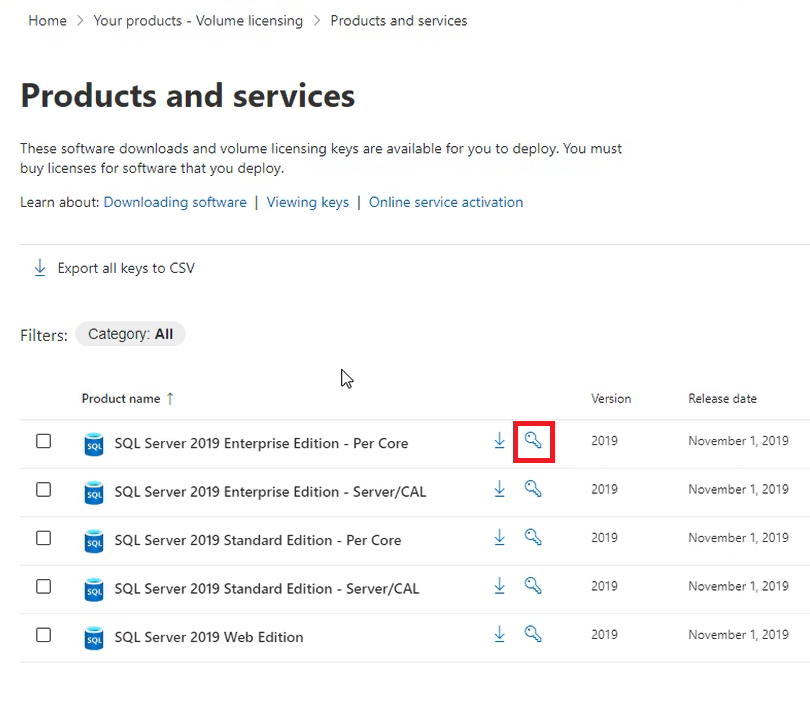 Captura de tela do SQL Server na lista de downloads de Licenciamento por Volume.