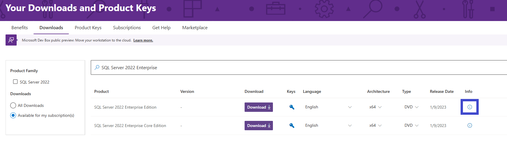 Captura de tela da lista de downloads do Assinaturas do Visual Studio mostrando o atalho de informações ao lado de cada versão do SQL Server.