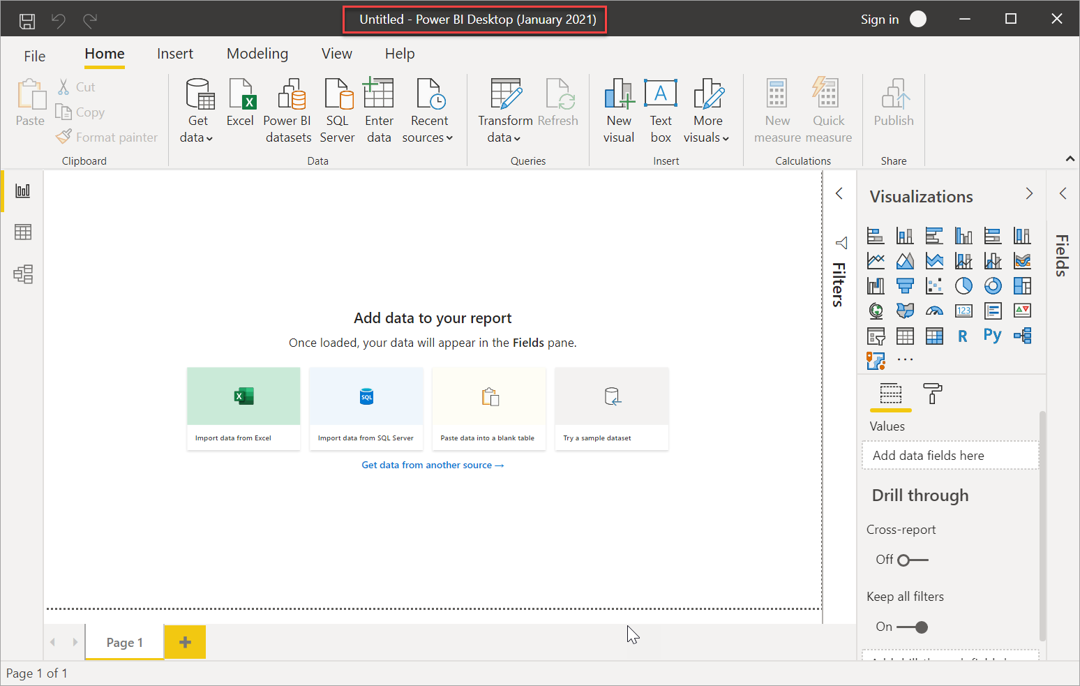 Captura de tela do Power BI Desktop com a data de lançamento na barra de título.