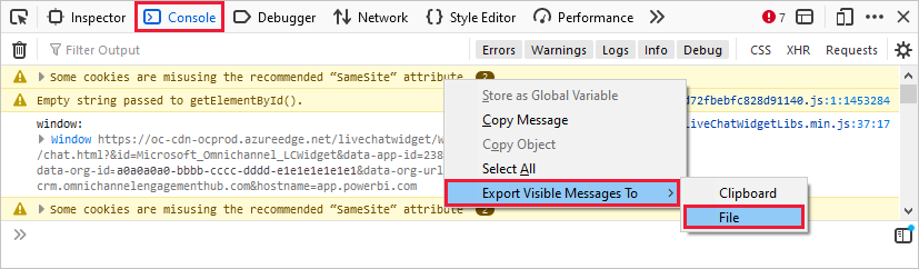 Screenshot of the Console tab selected and export visible messages option shown.