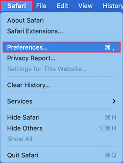 Screenshot of the Apple Safari menu with preferences selected.