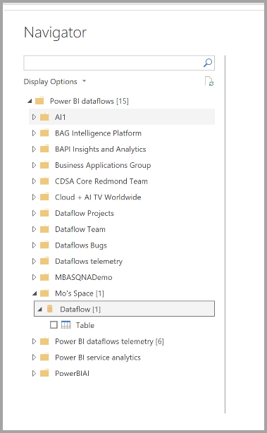 Captura de tela do Navegador no Power BI Desktop escolhendo fluxos de dados aos quais se conectar.