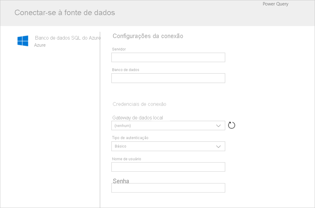 Captura de tela do formulário exibido depois que você escolhe SQL do Azure como um conector.