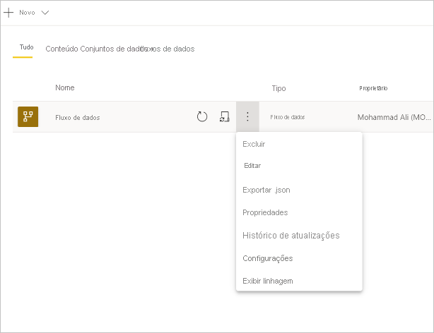 Screenshot of a selected dataflow with the more dropdown menu opened.