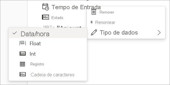 Screenshot that shows remove, rename and data type options for input data.