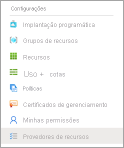 Screenshot of the settings menu options, resource providers is selected.