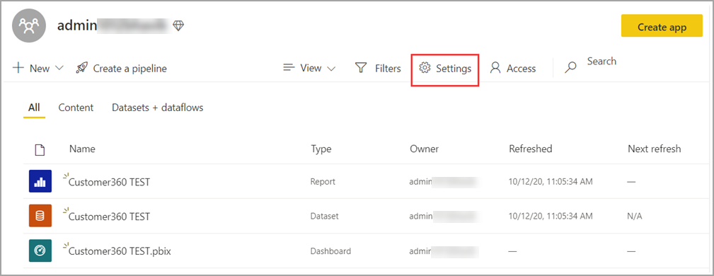 Screenshot of the settings pane in a Premium workspace.