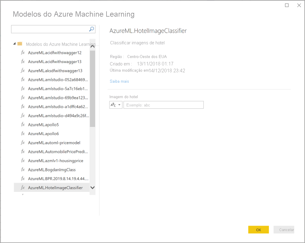 A captura de tela mostra os modelos do Azure Machine Learning que você pode selecionar.