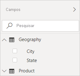 Screenshot of Power BI Desktop showing the Geography filter in the Fields view.