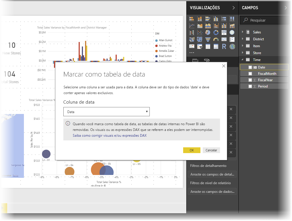Captura de tela de Power BI Desktop mostrando a caixa de diálogo Marcar como tabela de data.