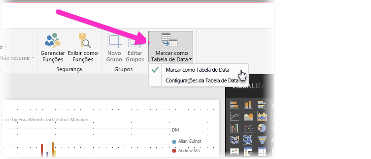 Captura de tela de Power BI Desktop mostrando o botão Marcar como tabela de data e o filtro de opções.