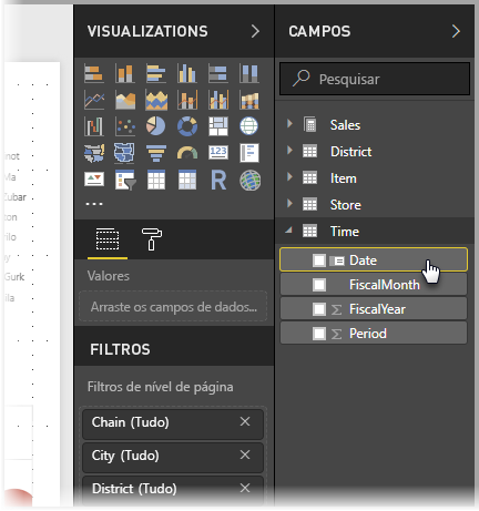 Captura de tela de Power BI Desktop mostrando o filtro Data no painel Campos.
