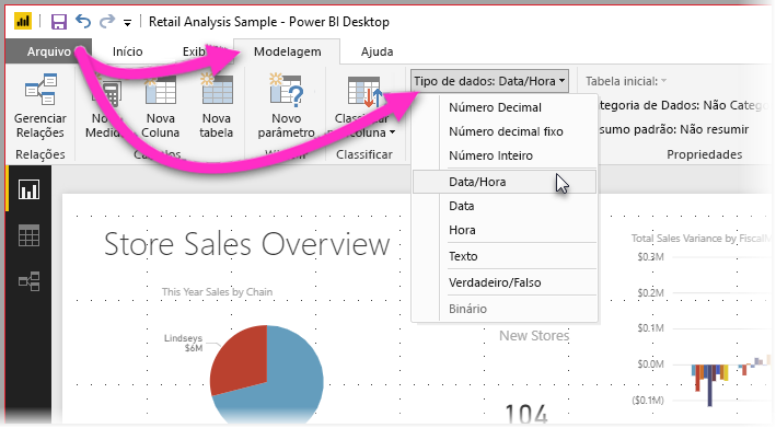 Screenshot of Power BI Desktop showing the Modeling tab with the Data Type filter selected.