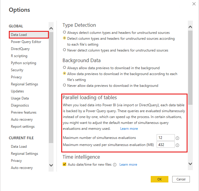 Captura de tela das configurações de paralelização do carregamento de dados no Power BI Desktop.