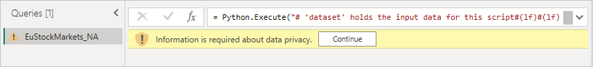 Captura de tela do painel Editor do Power Query mostrando o aviso sobre privacidade de dados.
