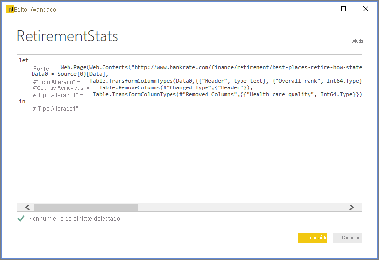 Screenshot of Power BI Desktop showing the Advanced Editor dialog box.