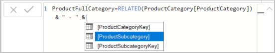 Captura de tela de ProductCategory escolhido para a fórmula.