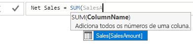 Captura de tela da seleção de SalesAmount para a fórmula SUM.