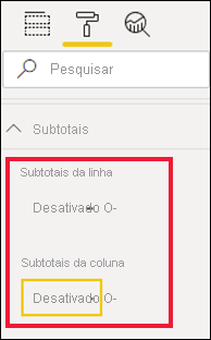 Captura de tela do painel Visualizações do Power BI, que mostra os campos de subtotais Coluna e Linha.