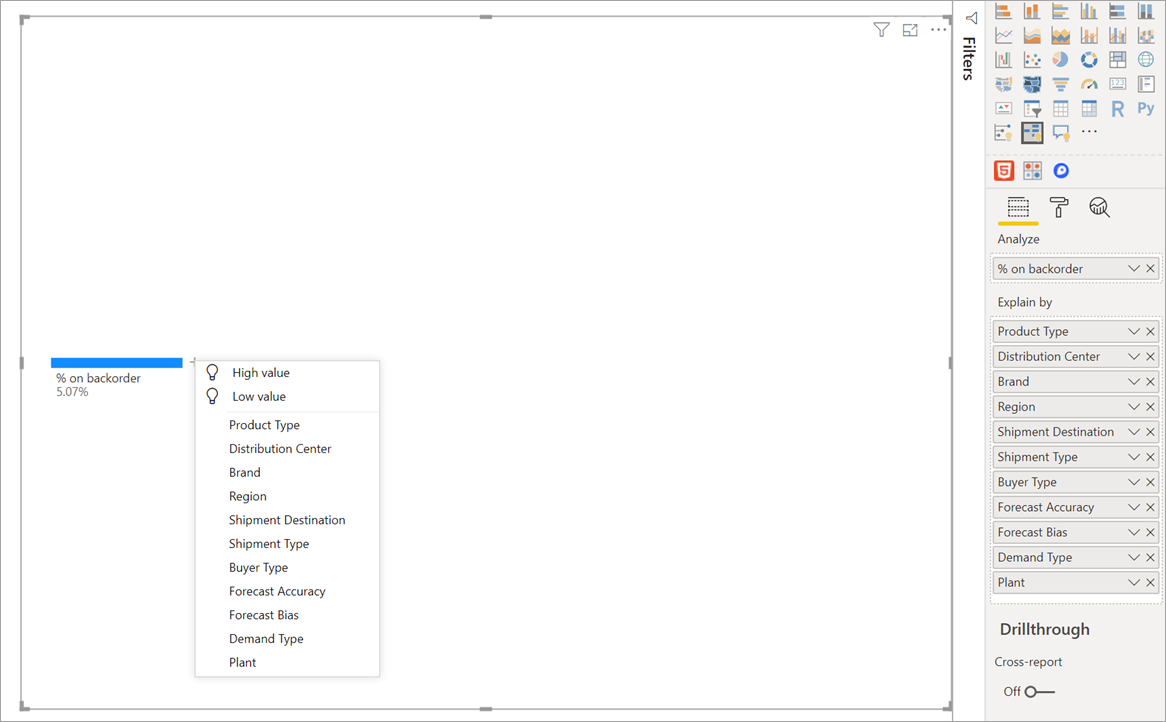 Captura de tela mostrando o ícone de adição selecionado, que exibe as opções da lista Explicar por.
