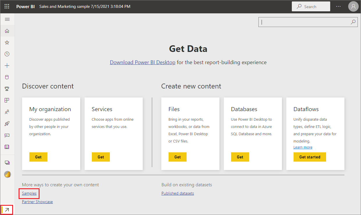 Captura de tela da caixa Obter Dados com link para os exemplos.