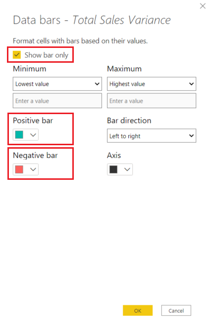 Captura de tela das opções de barras de dados com uma marca de seleção para “Mostrar apenas a barra”.