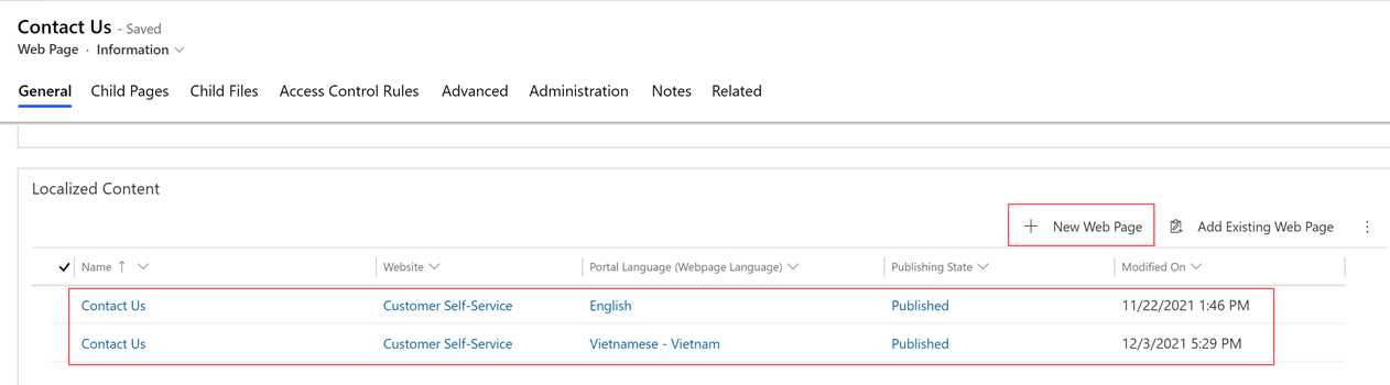 Captura de tela da página com a opção adicionar nova página da Web