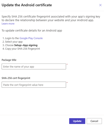 Atualizar os detalhes do certificado do Android.