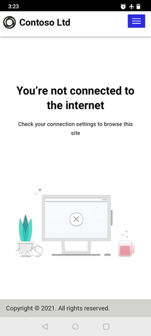 Página Não conectado à Internet no aplicativo PWA.