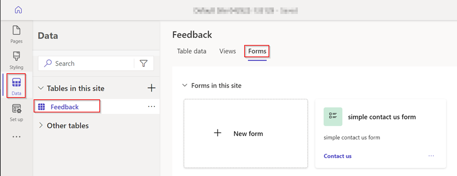 A opção de menu formulários para a tabela de comentários no espaço de trabalho de dados.