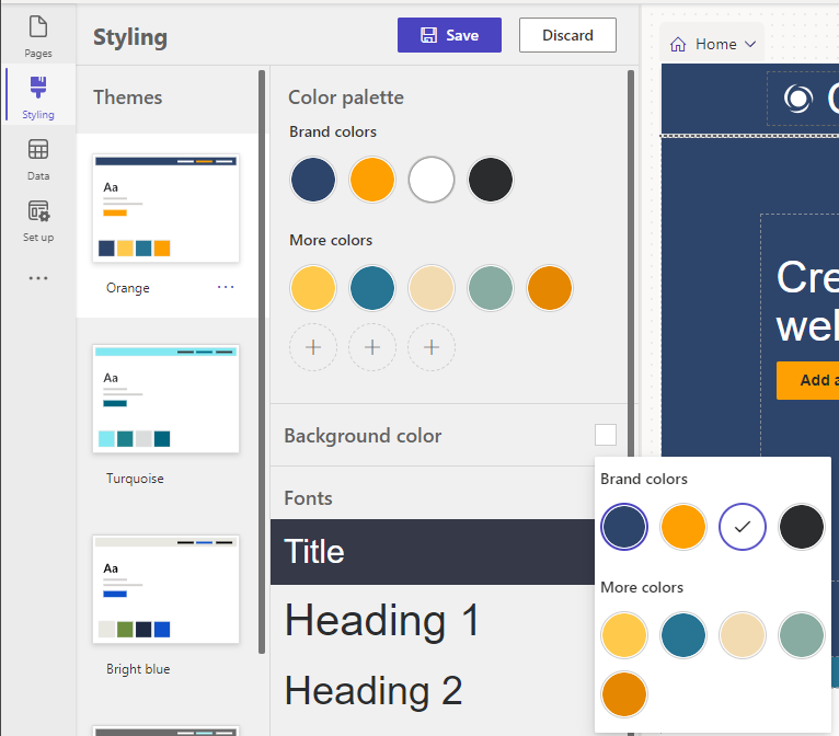 Select the desired color while editing the background on a section in the Pages workspace.