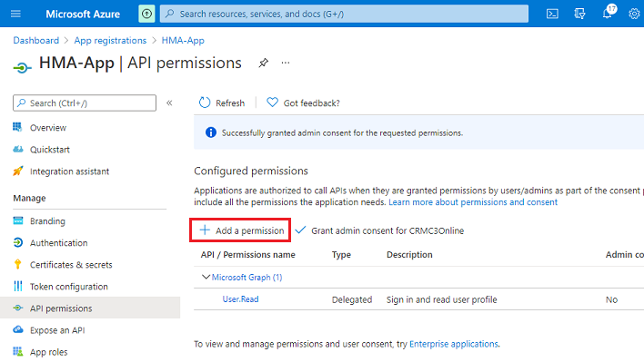 Captura de tela de adição de permissões de API ao aplicativo.