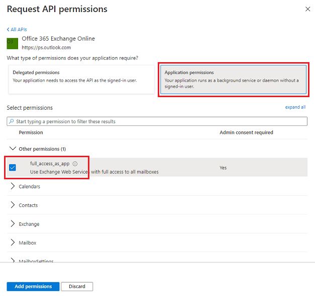 Captura de tela de atribuição de permissões de API de acesso completo ao aplicativo.