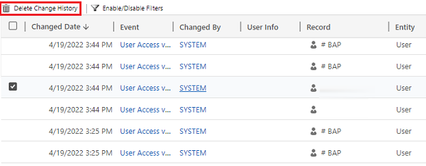 Selecione Excluir Histórico de Alterações para excluir todos os logs do registro selecionado.