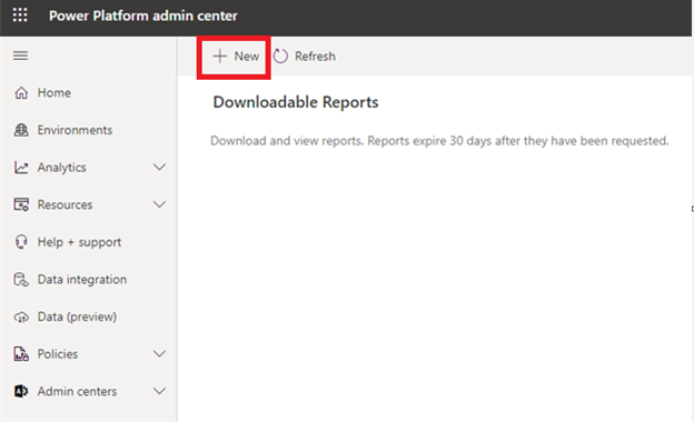Imagem mostrando a página Baixar Relatórios no centro de administração do Power Platform e realçando o botão para criar um download de relatório.