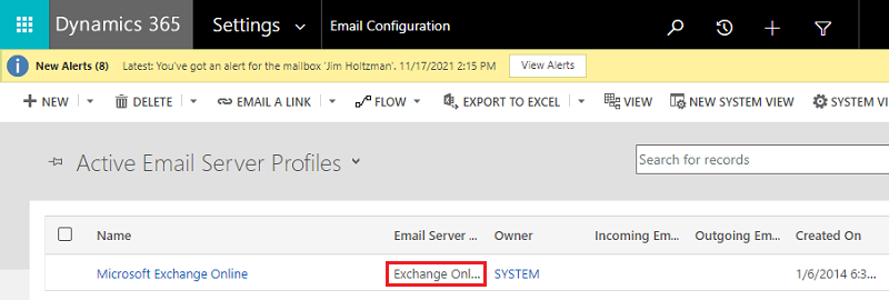 Configurações de email, Perfil do servidor de email ativo – Exchange Online