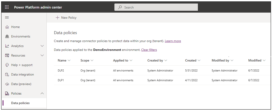 Captura de tela da página de políticas de dados no centro de administração do Power Platform.